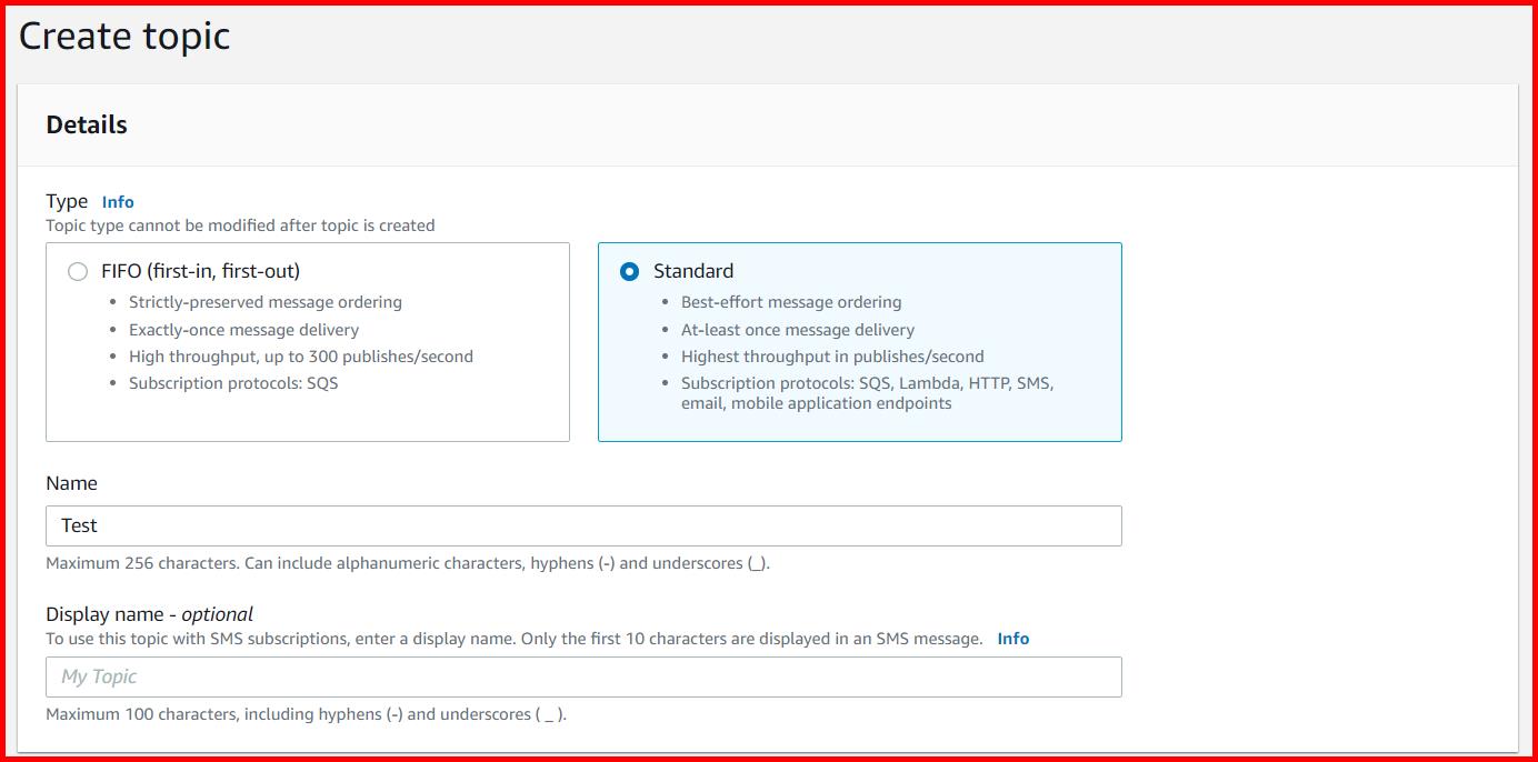 Picture showing the create topic screen in AWS console